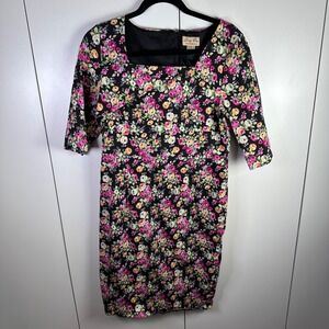 Lindy Bop Black Floral Square Neck 3/4‎ Sleeve Midi Dress UK 14 US L